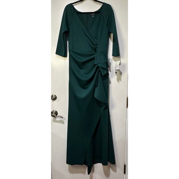 Xscape Evenings "Lexi" Long Sleeve Scuba Ruched Side Dress Hunter Green 12 NWT - Picture 1 of 13